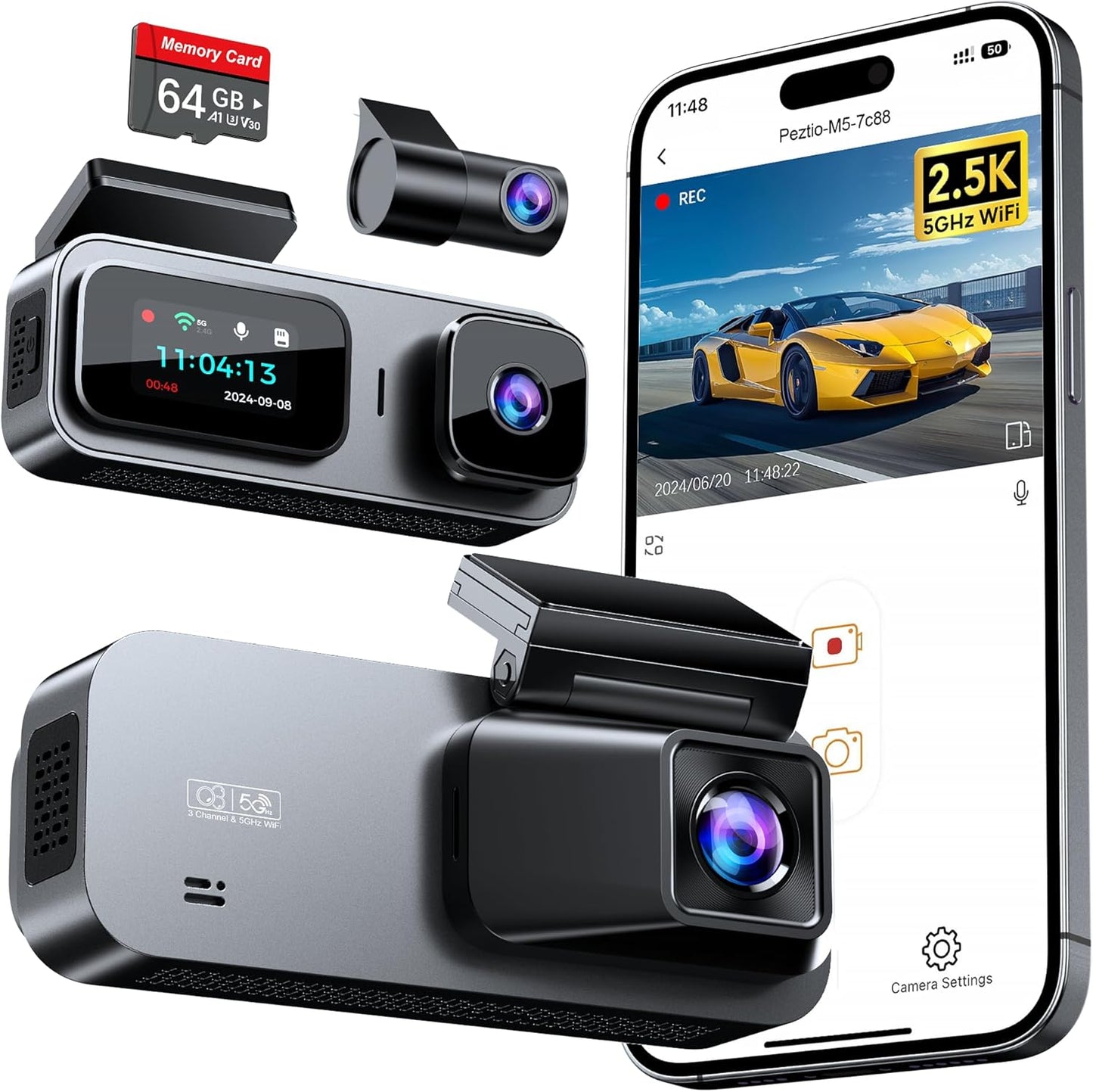 Anyski 3-Way 5GHz WiFi Dash Cam - Crystal Clear Triple Camera Coverage