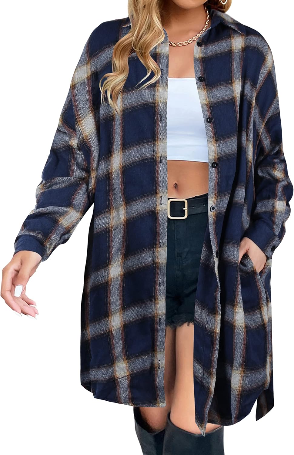 Plaid Shacket Long Sleeve Button Down Flannel Shirts for Women