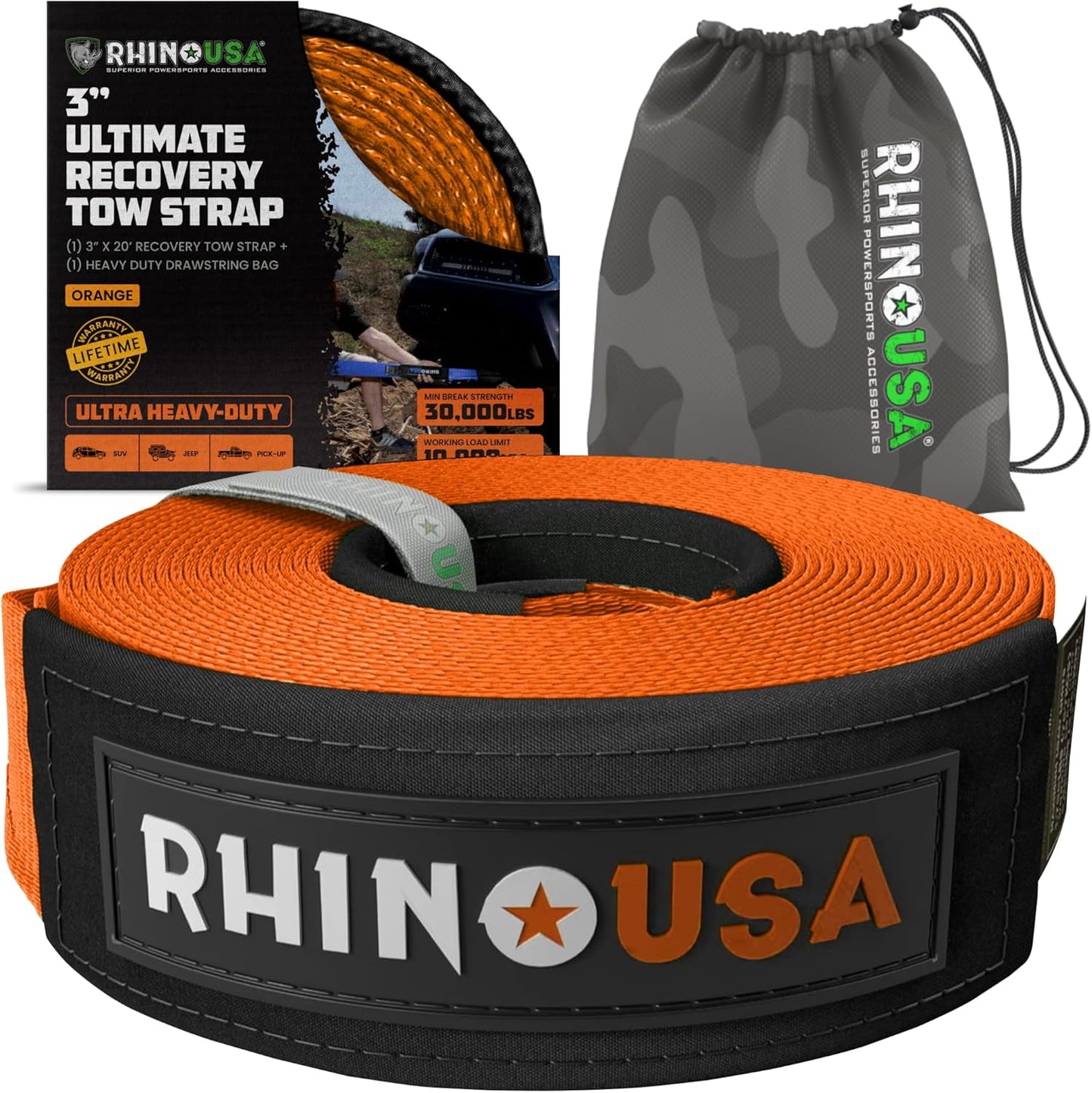 Rhino USA Recovery Tow Strap - Heavy Duty Towing Strap for Offroad