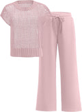 Two Piece Crochet Sheer Knit Sweater Top and Wide Leg Pants Set Sets