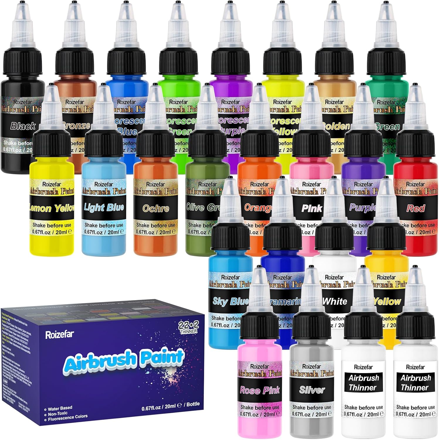 22 Color Water-Based Airbrush Paint Set with Metallic & Neon Colors by Roizefar