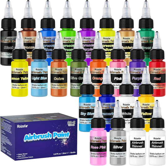 22 Color Water-Based Airbrush Paint Set with Metallic & Neon Colors by Roizefar