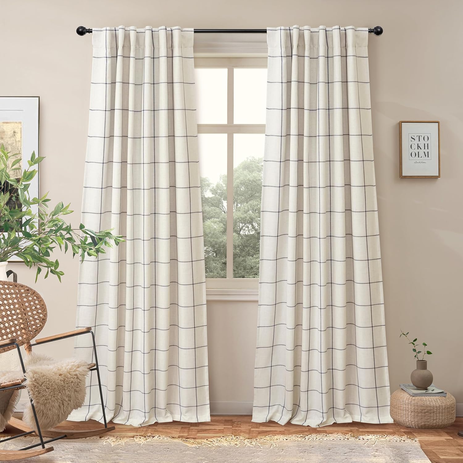 DriftAway 100% Blackout Windowpane Plaid Linen Curtains 84 in