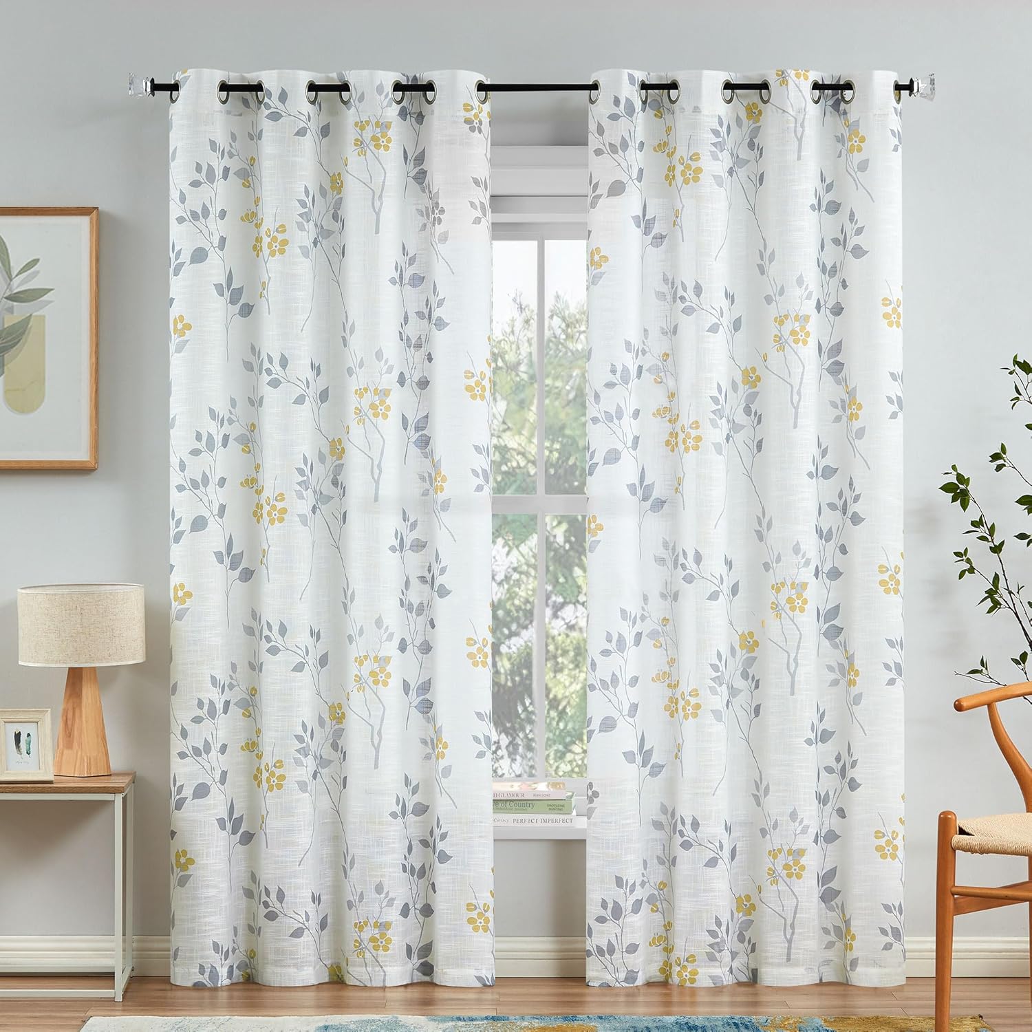 Beauoop Floral Linen Semi Sheer Curtains for Living Room