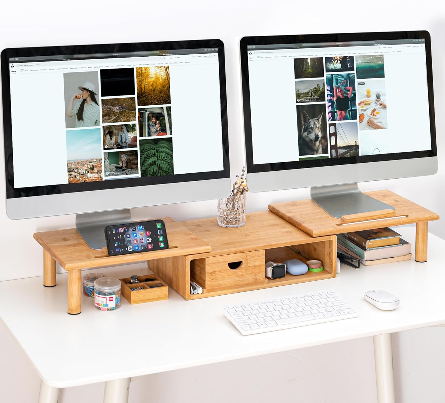 Bamboo Dual Monitor Riser - Adjustable & Organized Workspace
