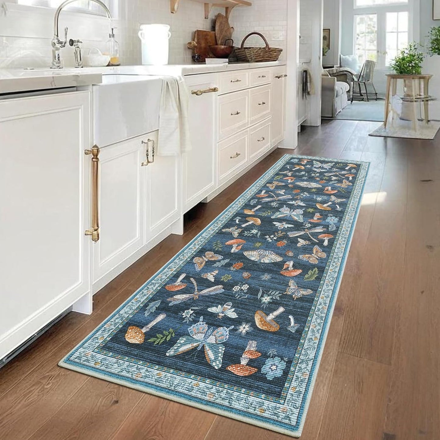 2.5x8 Runner Rug for Hallway Non Slip Washable Blue Design