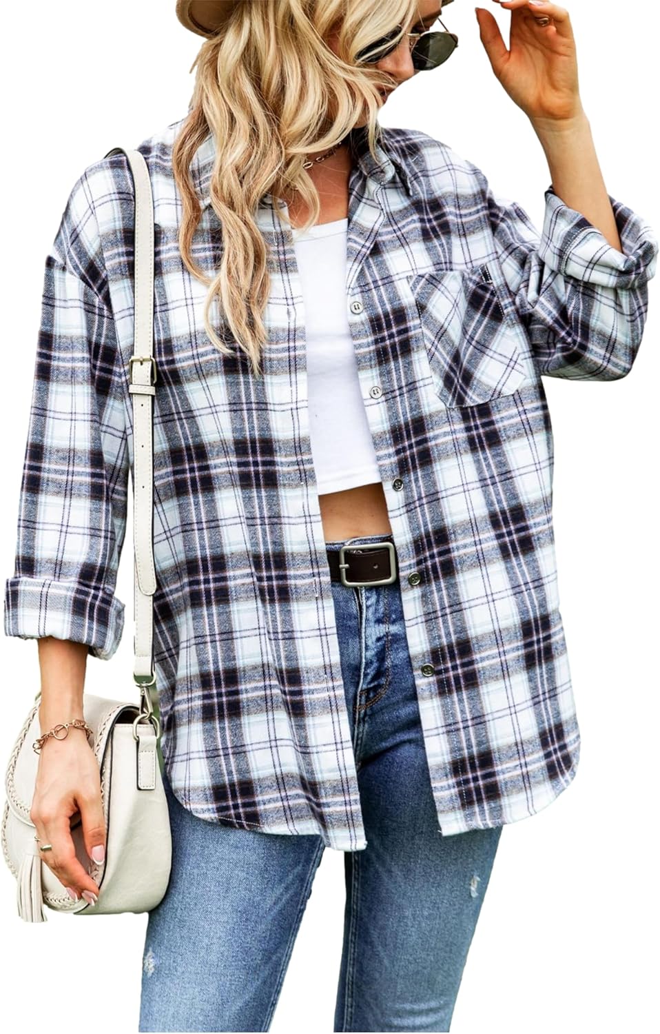 Zontroldy Womens Flannel Shirt - Stylish Oversized Plaid Top