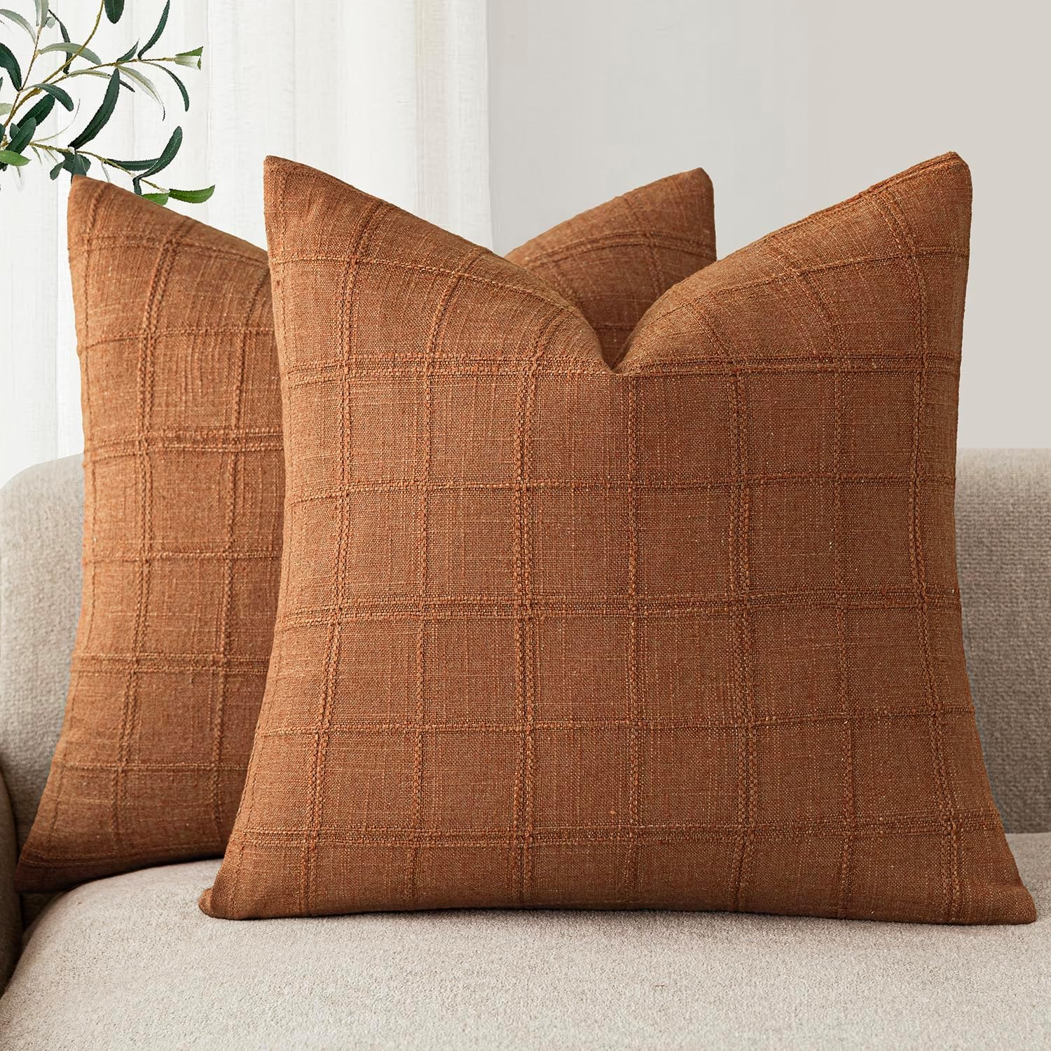 Foindtower Set of 2 Decorative Linen Check Throw Pillow Covers