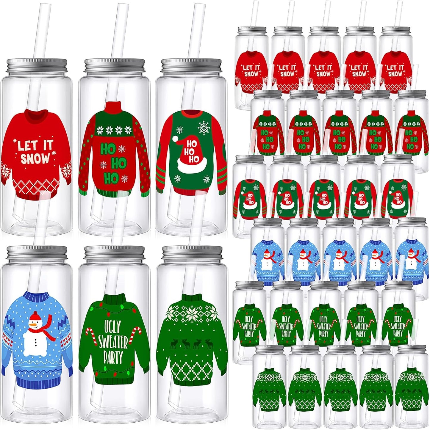 30 Pcs Christmas Plastic Cups with Lids and Straws for Parties