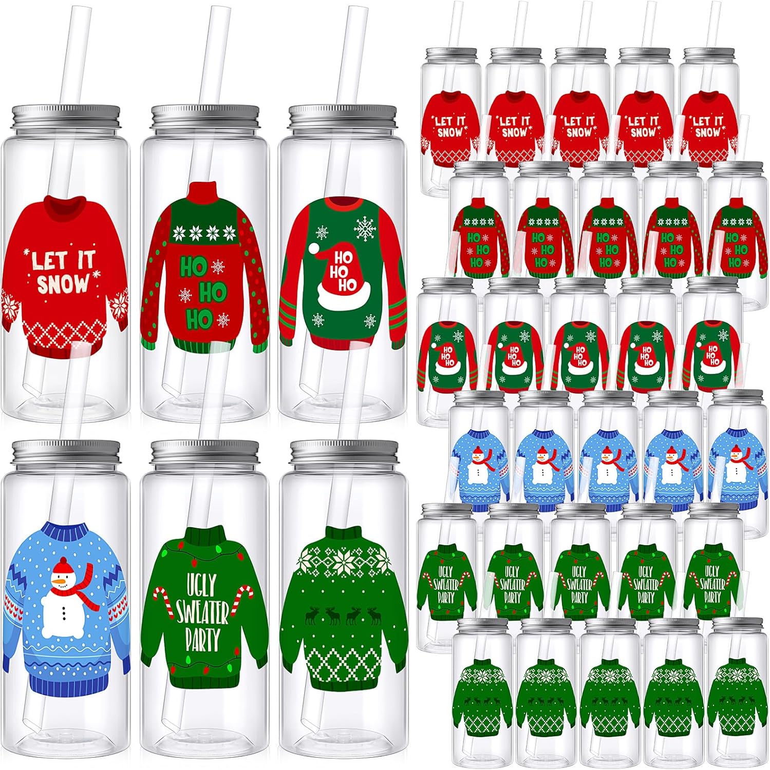 30 Pcs Christmas Plastic Cups with Lids and Straws for Parties
