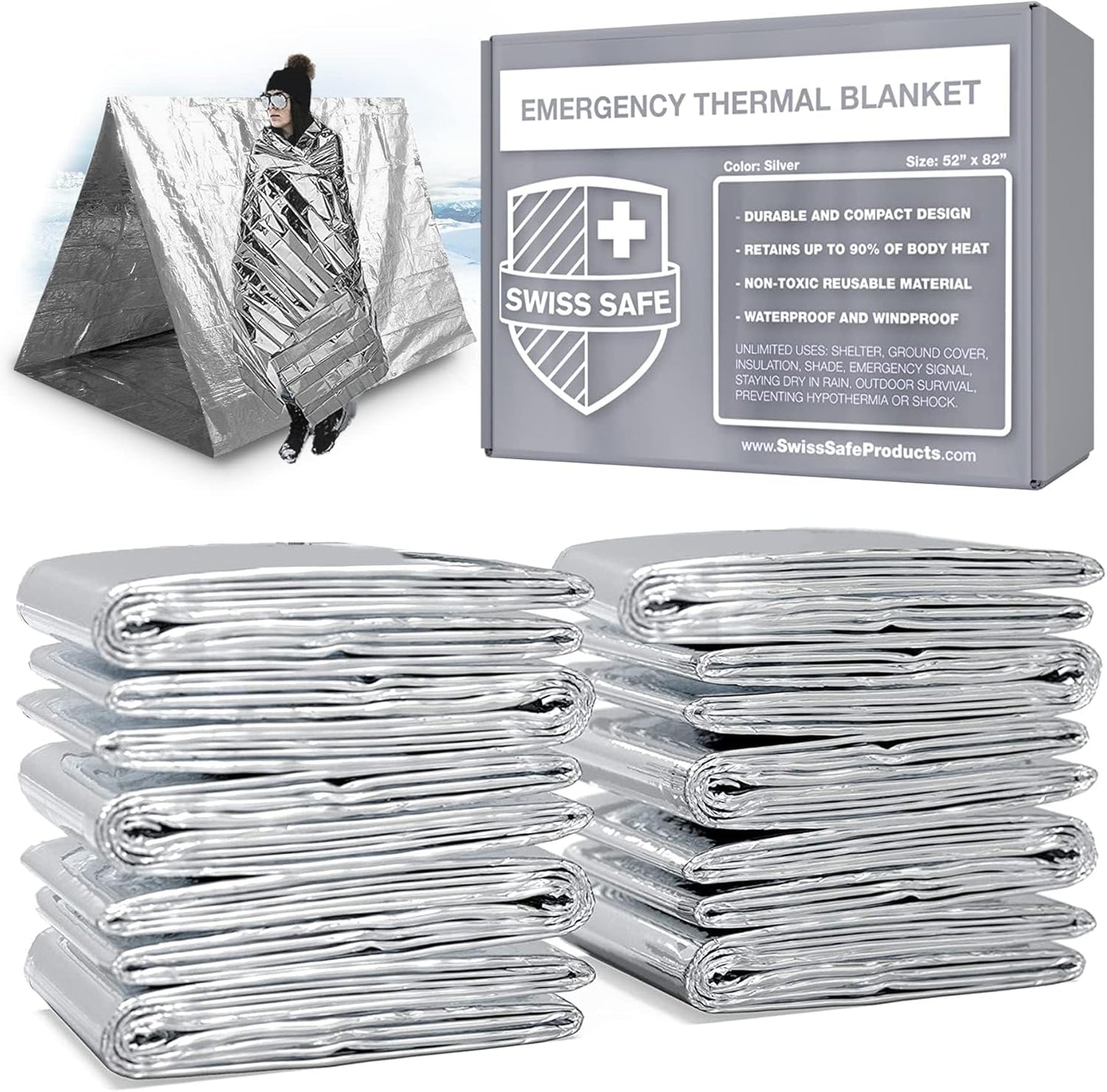Swiss Safe 10 Pack Mylar Emergency Blankets - NASA-Designed, Insulated for Cold Weather