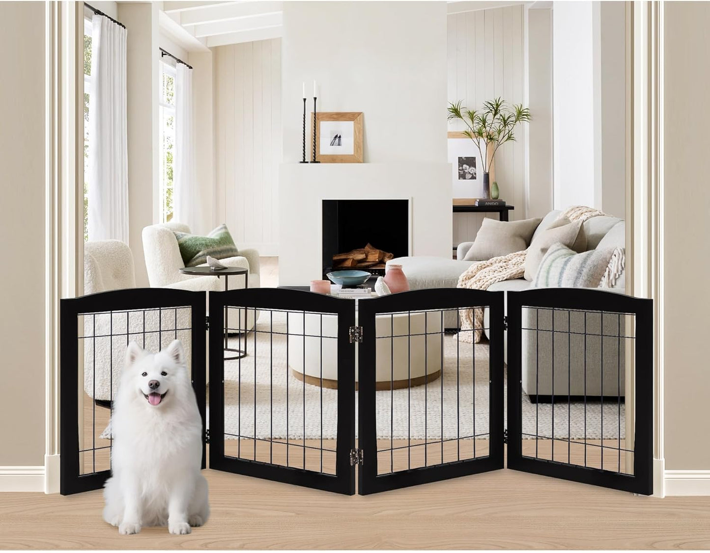 LZRS 4-Panel Extra-Wide Wooden Freestanding Dog Gate for Pets