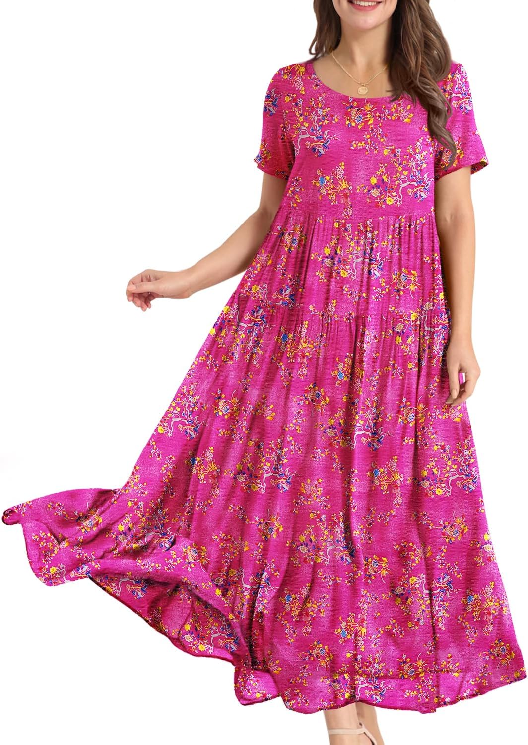 YESNO Women Casual Loose Bohemian Floral Dress with Pockets