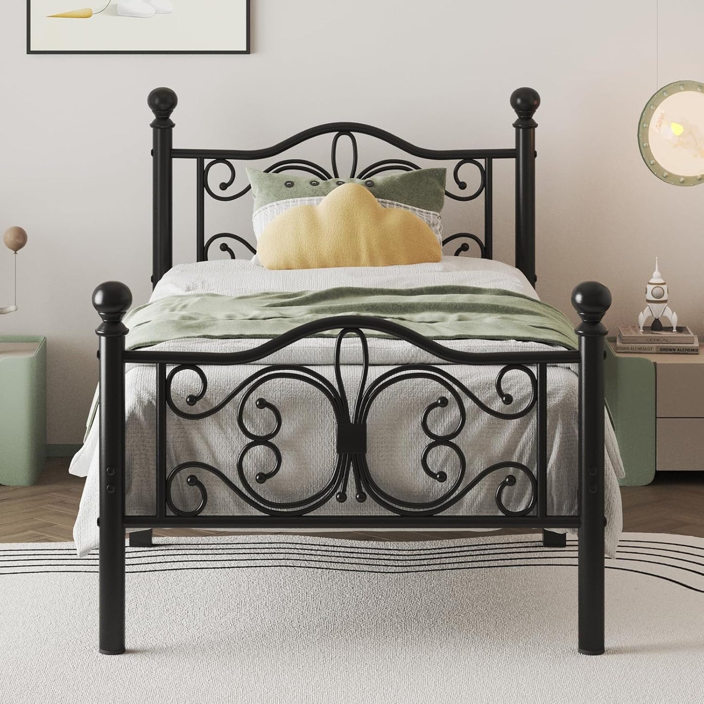 Twin Size Metal Platform Bed Frame with Butterfly Design Headboard