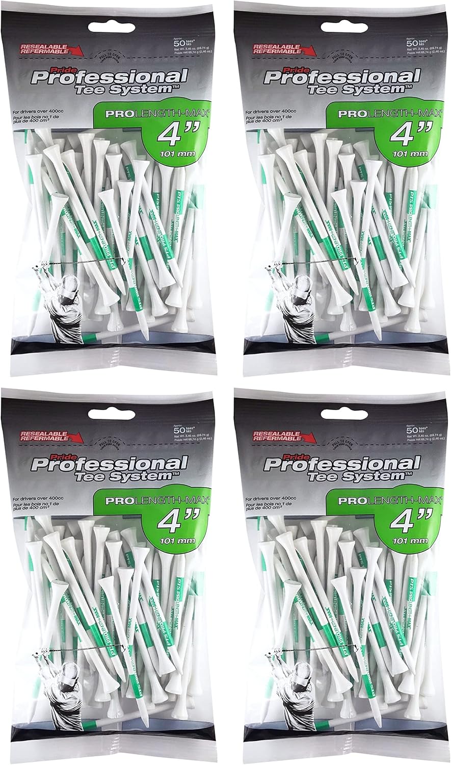 Pride Professional Tee System ProLength Max 4 White Golf Tees - Enhanced Performance x4