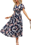 Womens Floral Chiffon Maxi Dress V Neck Short Sleeve - Flowy Summer