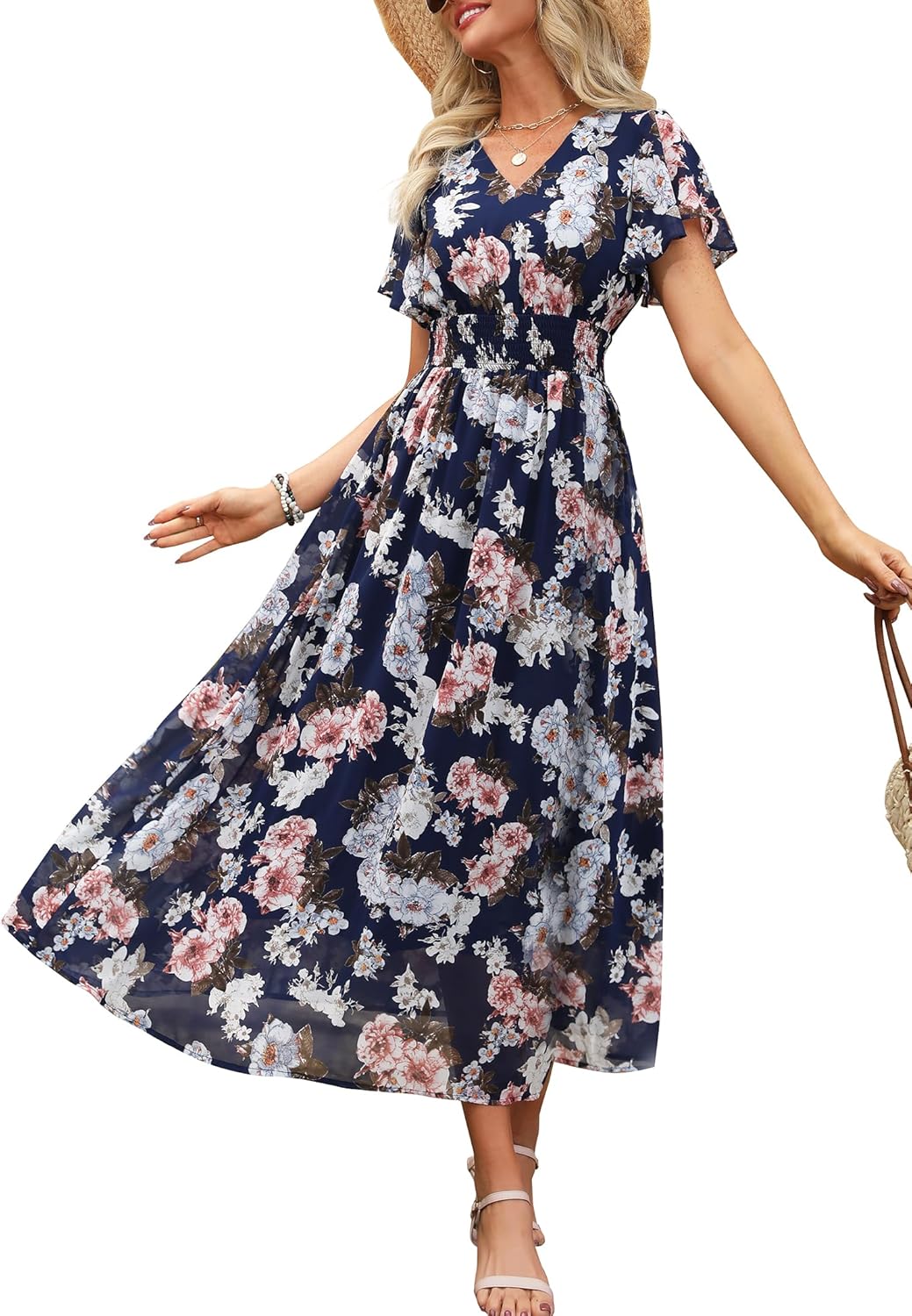 Womens Summer Floral Maxi Dress Casual V Neck Short Sleeve