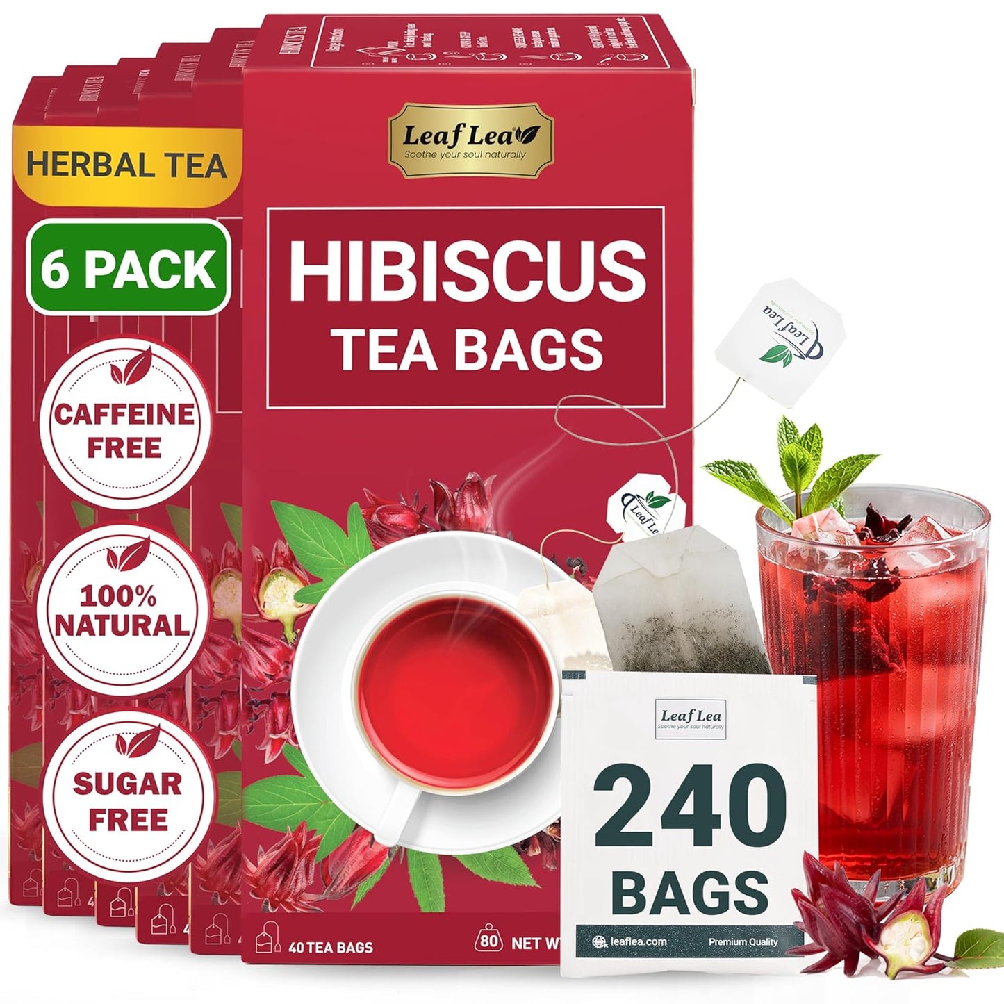 LeafLea Hibiscus Tea Bags - 240 Count, Caffeine-Free Herbal Delight