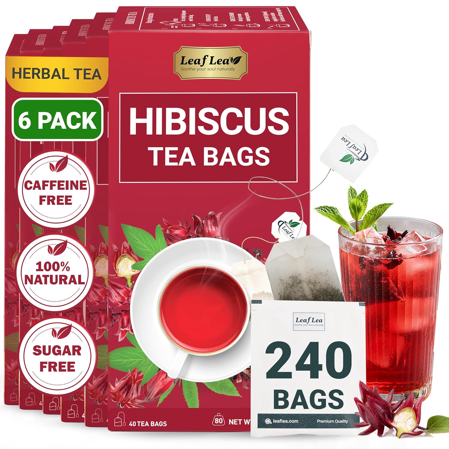 LeafLea Hibiscus Tea Bags - 240 Count, Caffeine-Free Herbal Delight