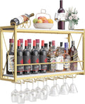 Wall Mounted Wine Rack 2 Tier Rustic Wood & Gold Iron - Stylish