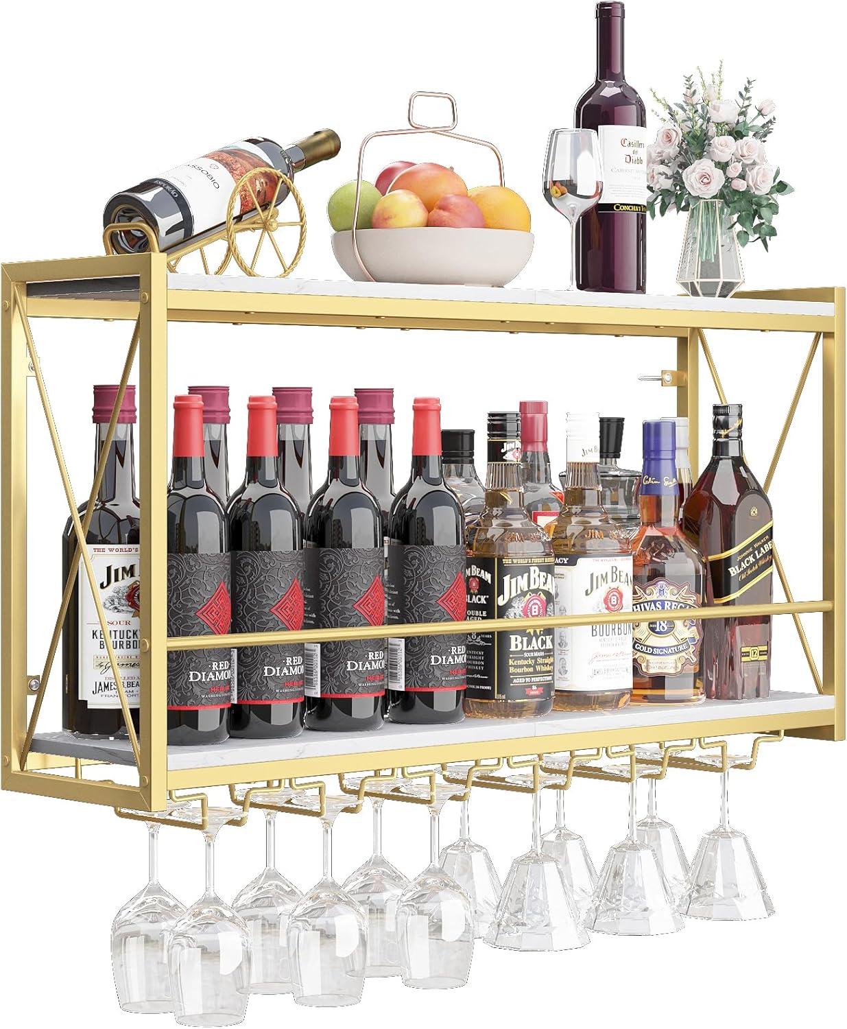 Dokser Wine Rack Wall Mounted Shelf - Rustic 2 Tier Design