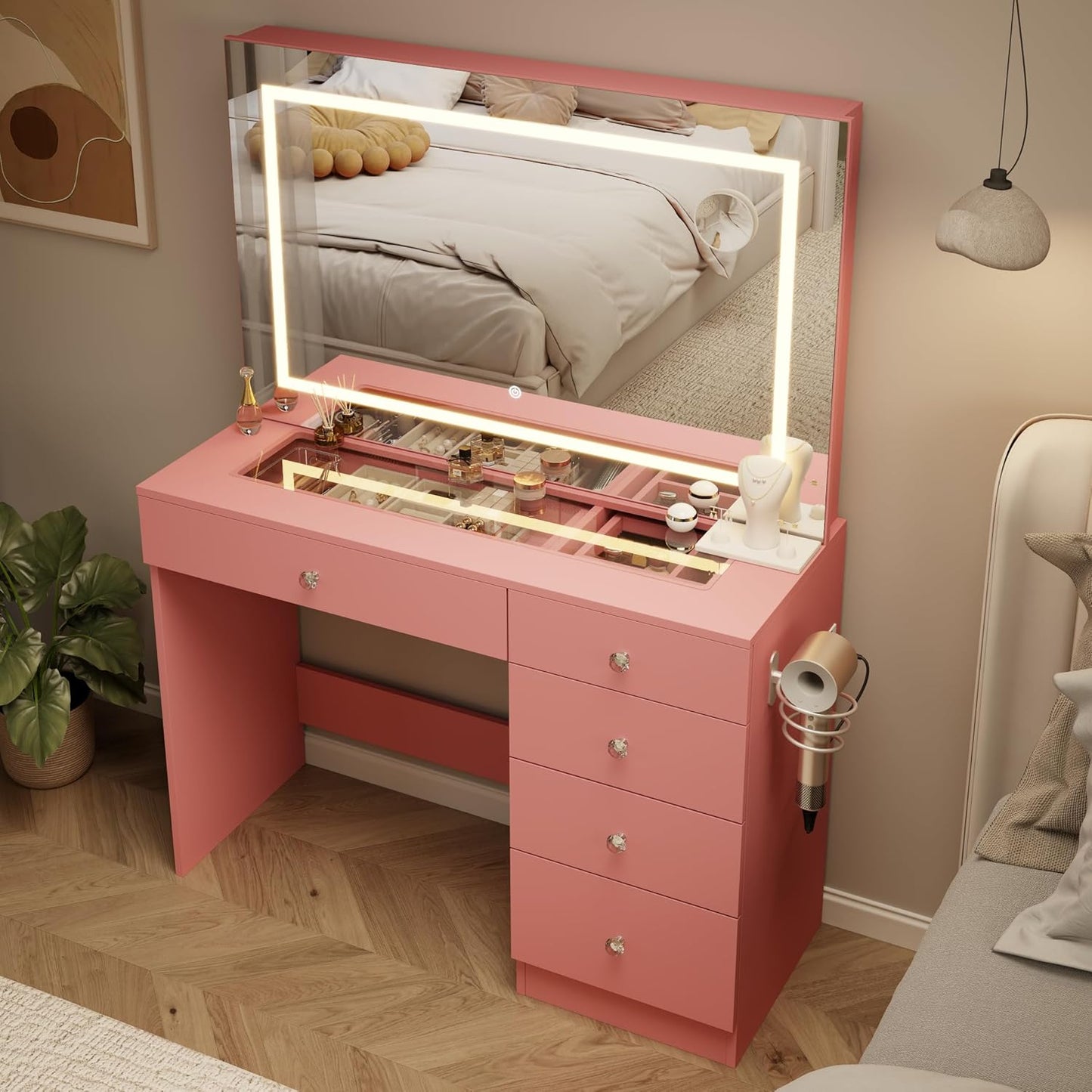39 Inch Makeup Vanity Desk with Mirror and Lights for Bedroom