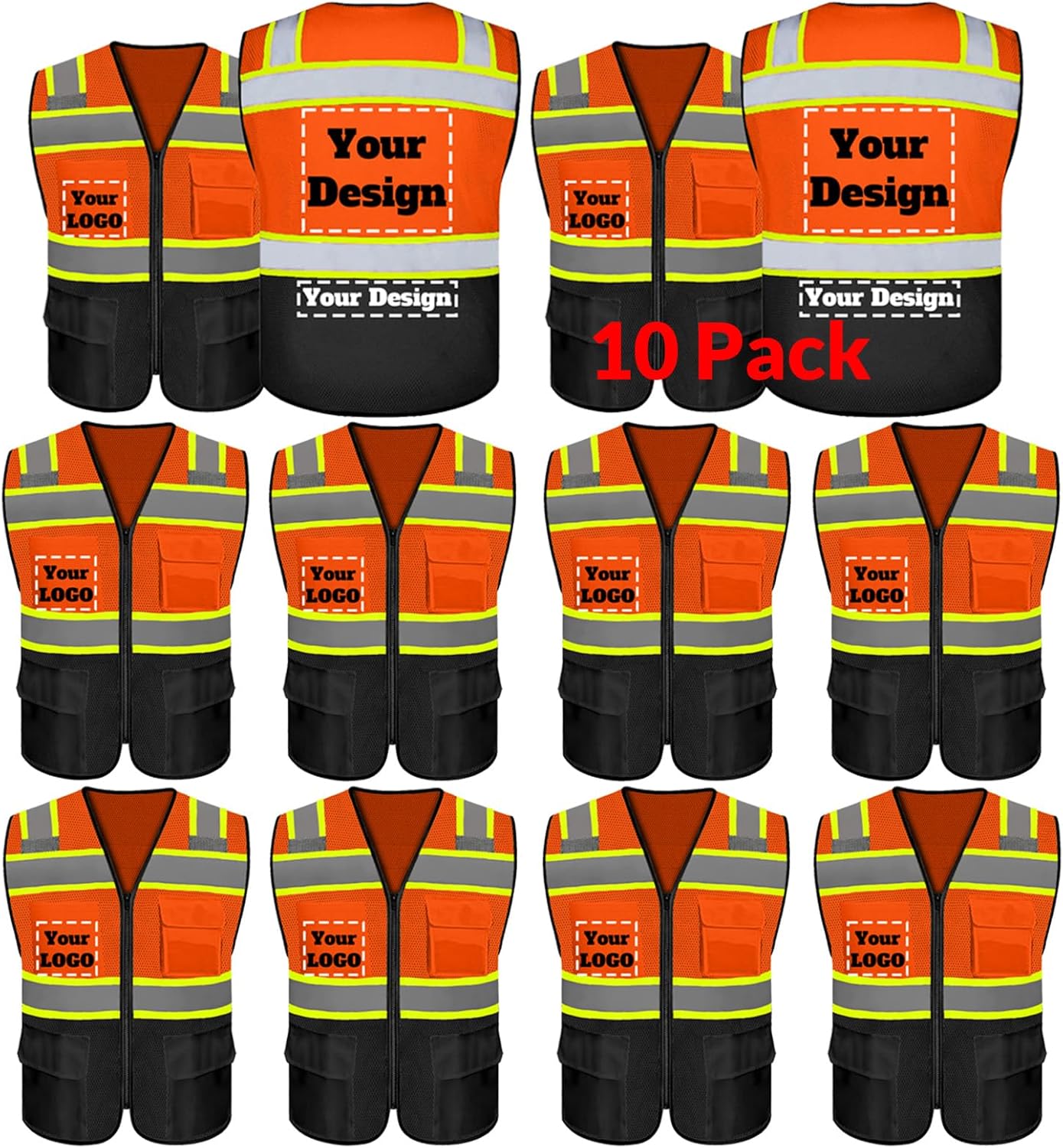 Custom Safety Vest with 5 Pockets & Zipper for High Visibility