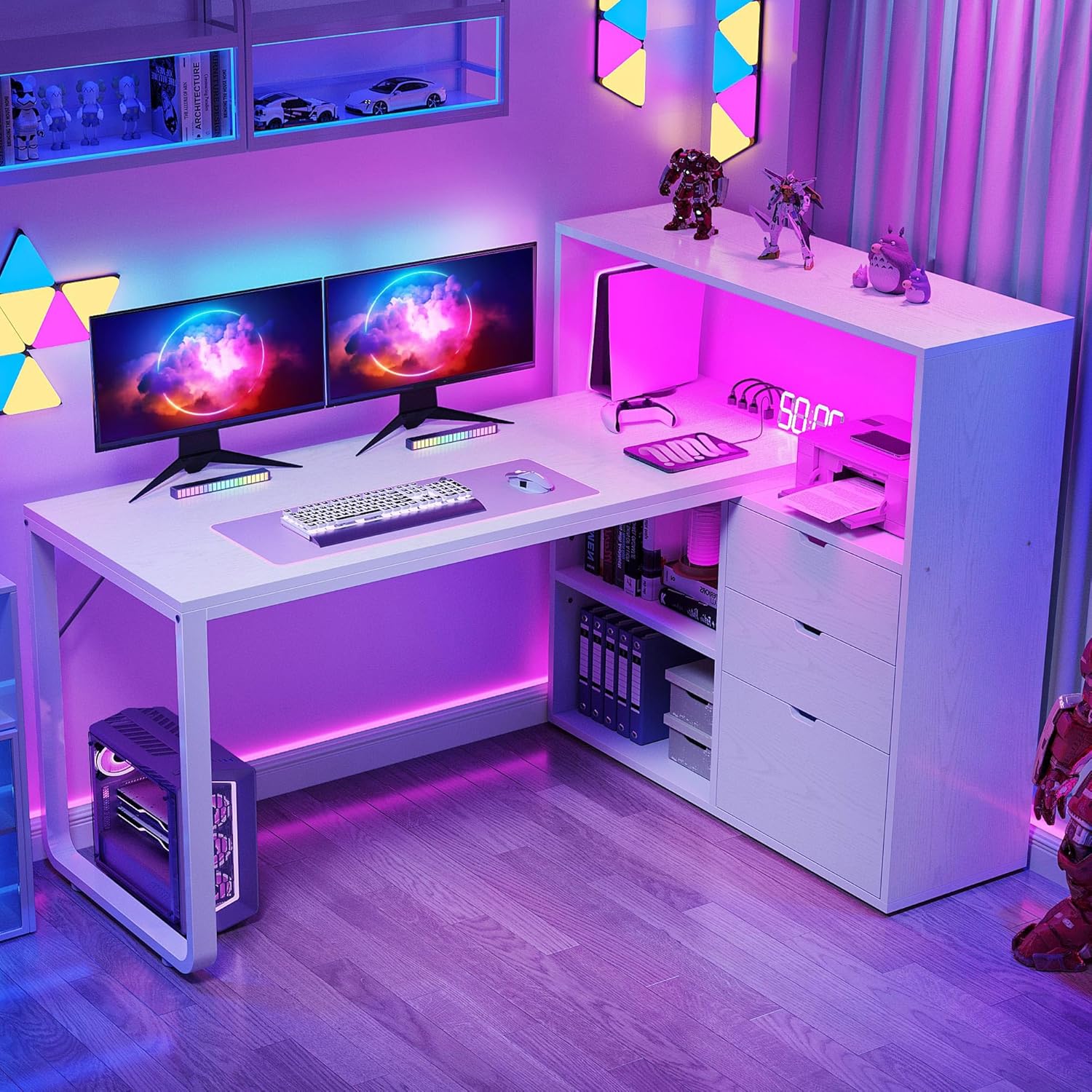 55 L-Shaped Desk with Drawers & Power Outlets, LED Lights