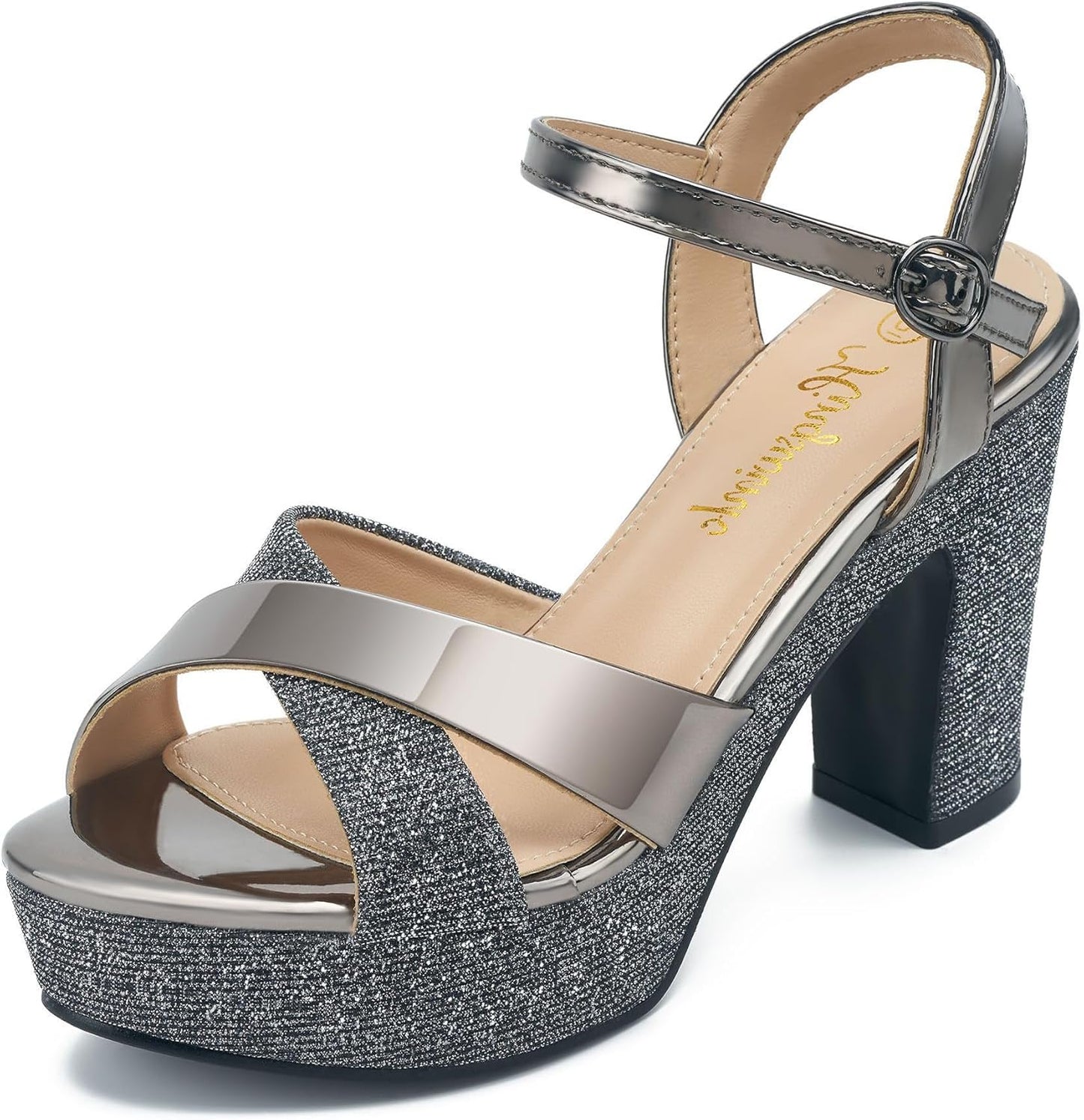 Womens Sparkly Platform Dress Sandals with Chunky Block Heel