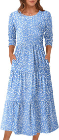 Women's 3/4 Sleeve Casual Maxi Floral Dress - Tiered A-line Fit