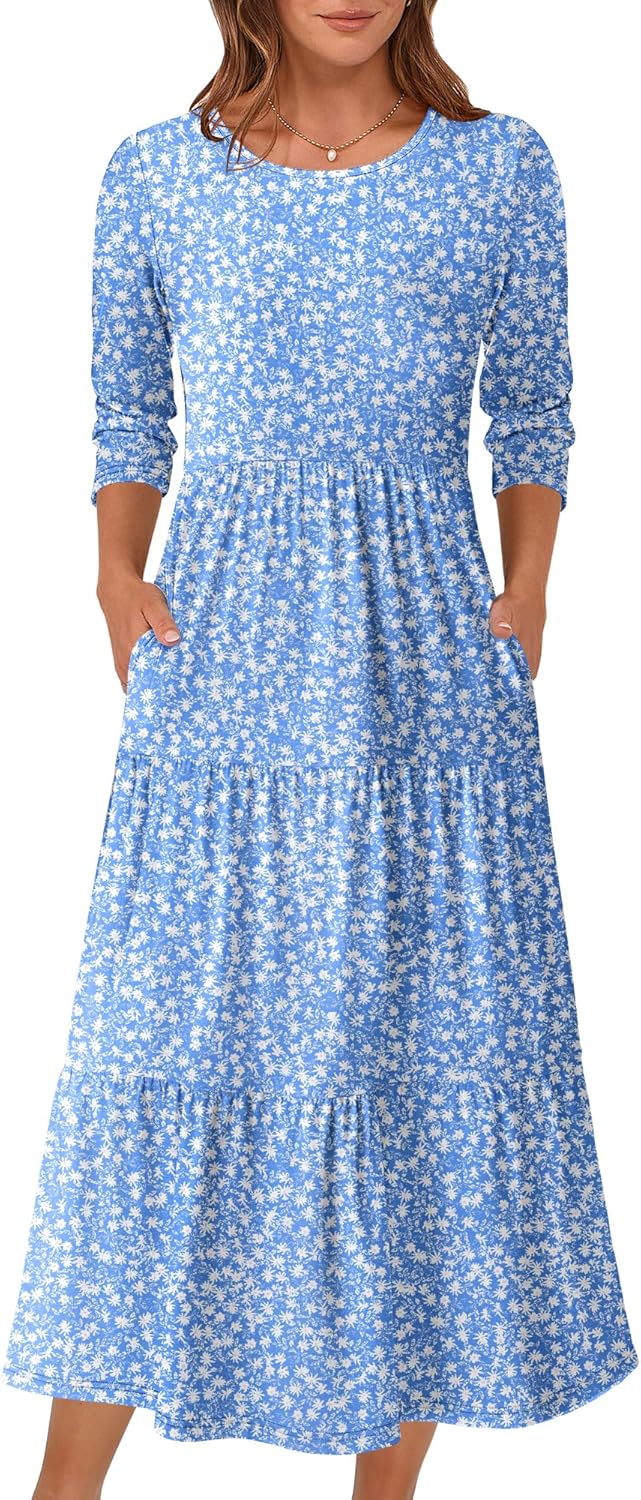 Stylish 3/4 Sleeve Casual Maxi Floral Dress for Women
