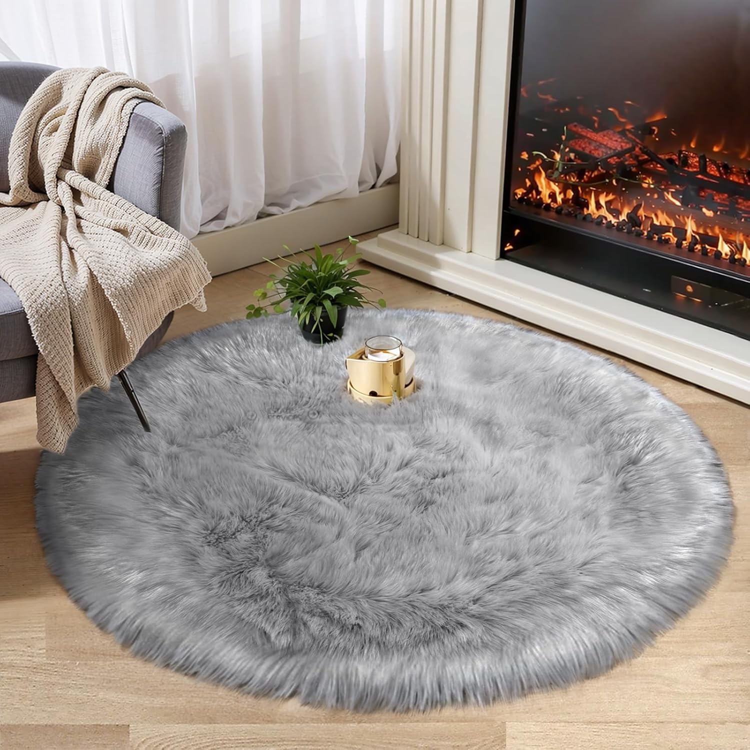 Ciicool Grey Fluffy Round Fur Area Rug for Cozy Home Decor