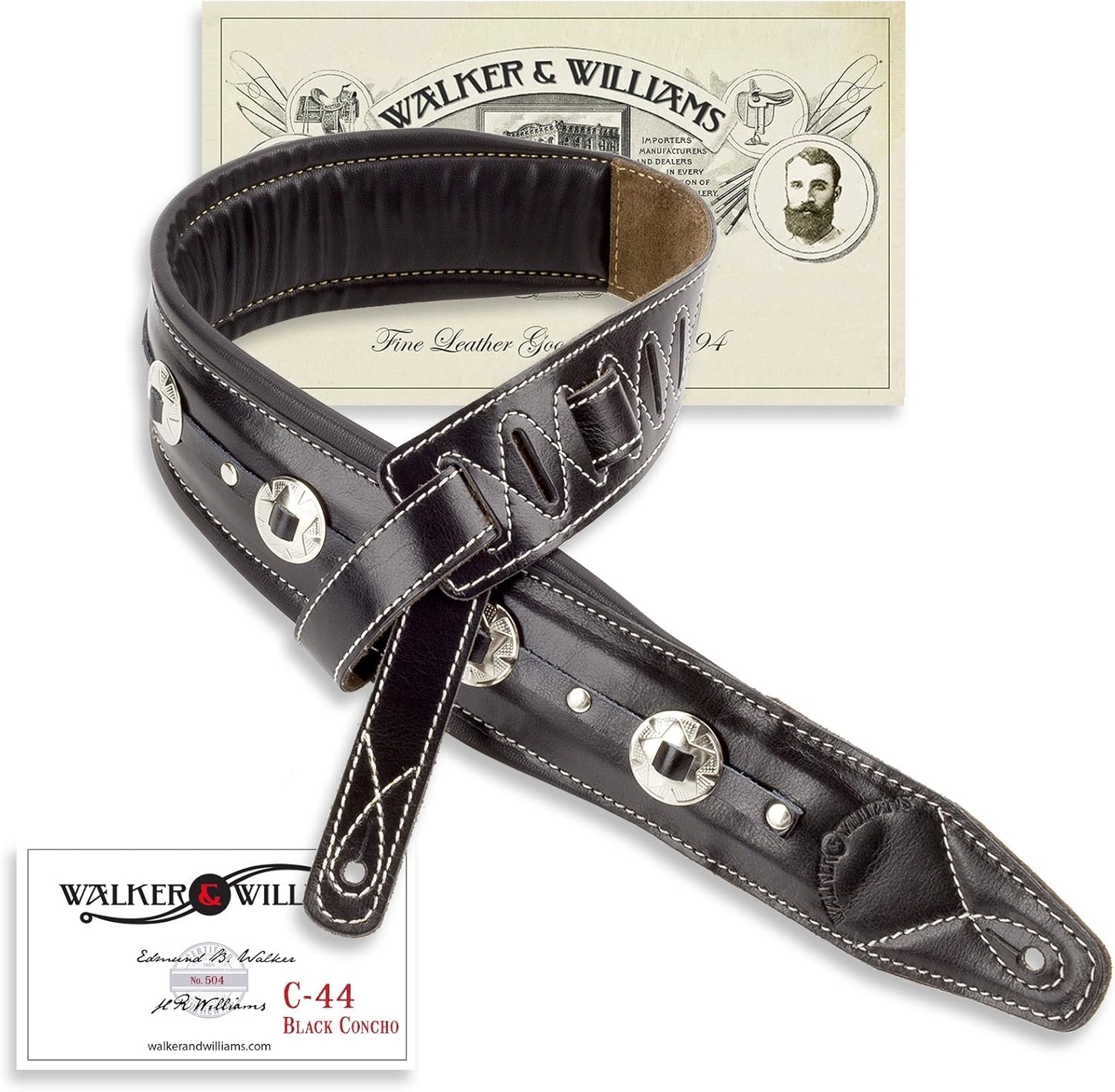 Walker & Williams C-44-BLK Classic Gloss Black Leather Strap