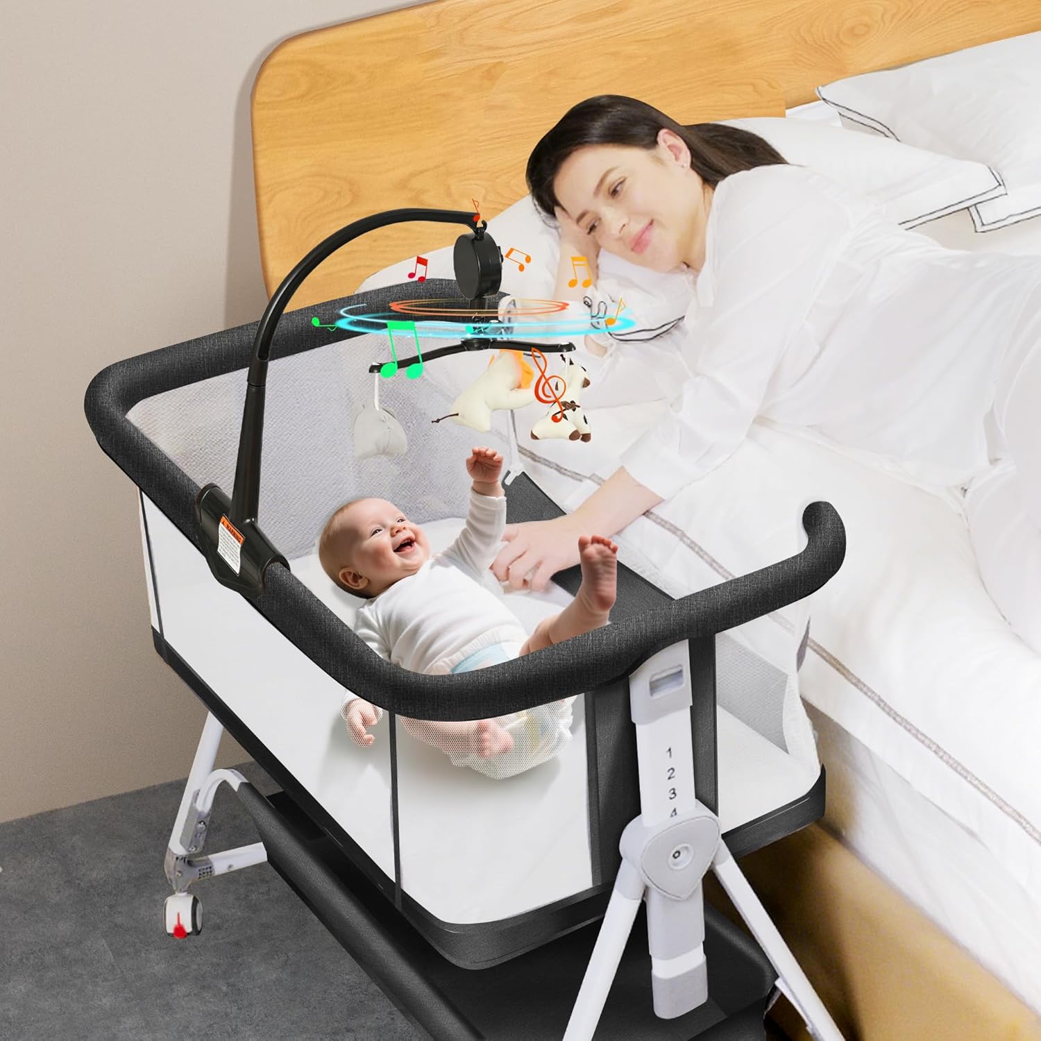 Baby Bassinet Bedside Crib with Musical Toy and Storage Basket