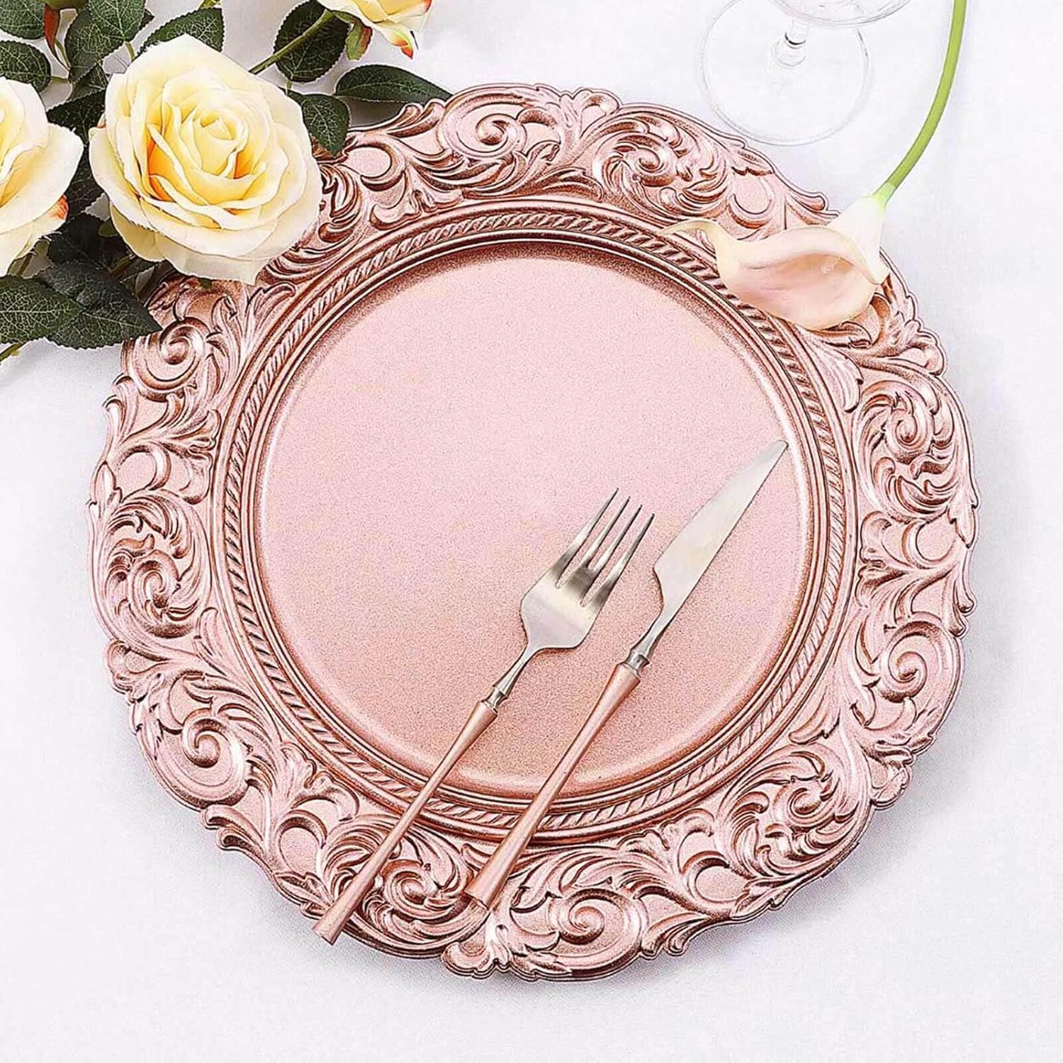 Rose Gold Baroque Rim Chargers - Set of 12 - Elegant Acrylic Plates