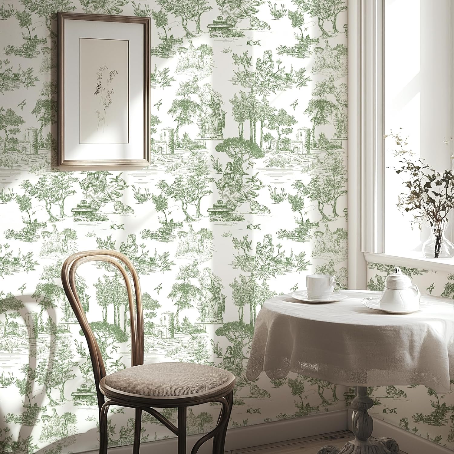 Toile Wallpaper Peel and Stick Green White Vintage Design