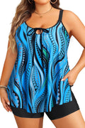 Women Plus Size Tankini Swimsuit - Blue Wavy 2 Piece Set