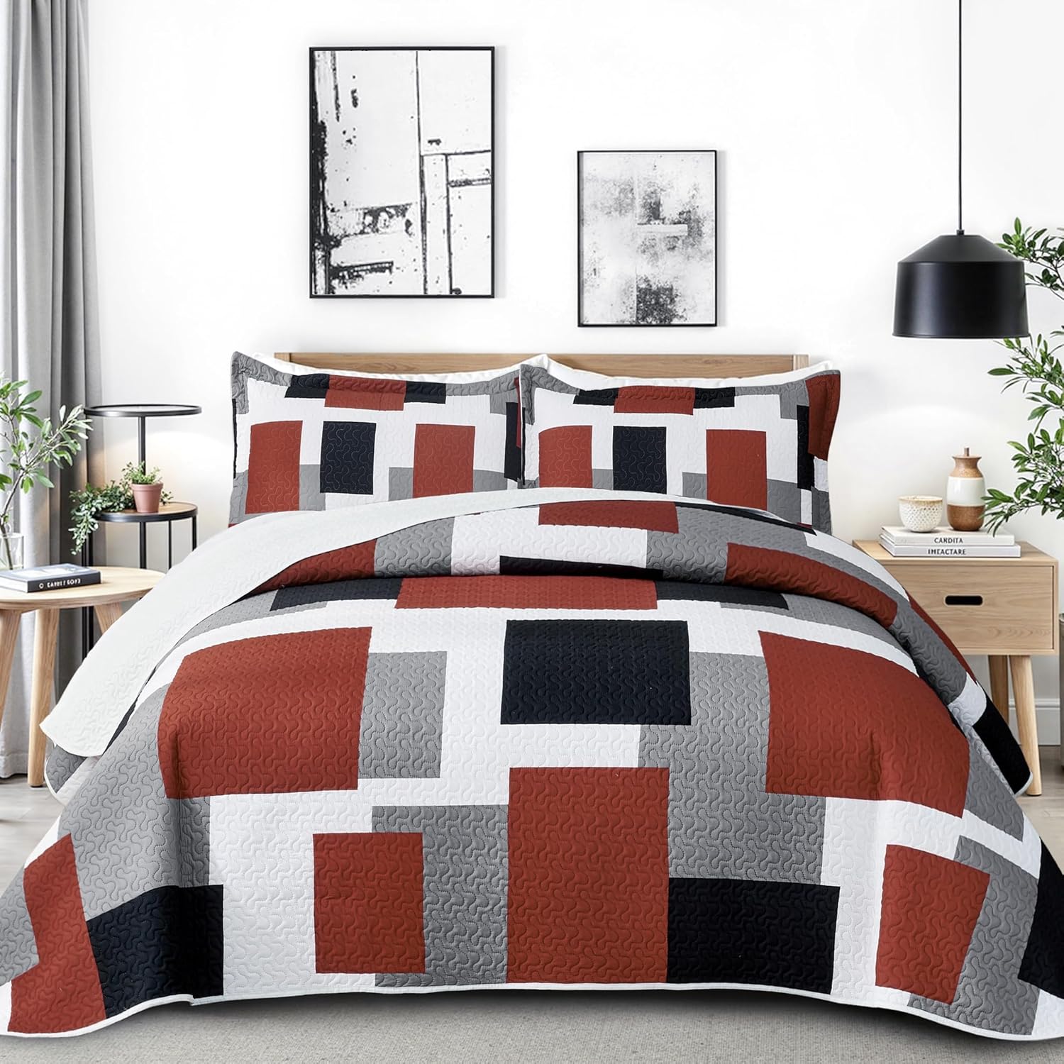 3 Piece Burnt Orange Grey Quilt Set for California King Size