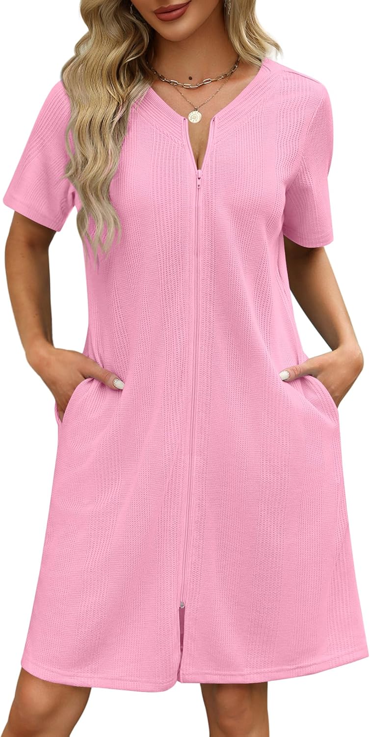 Ekouaer Women Zipper Robes Waffle Short Bathrobe with Pockets