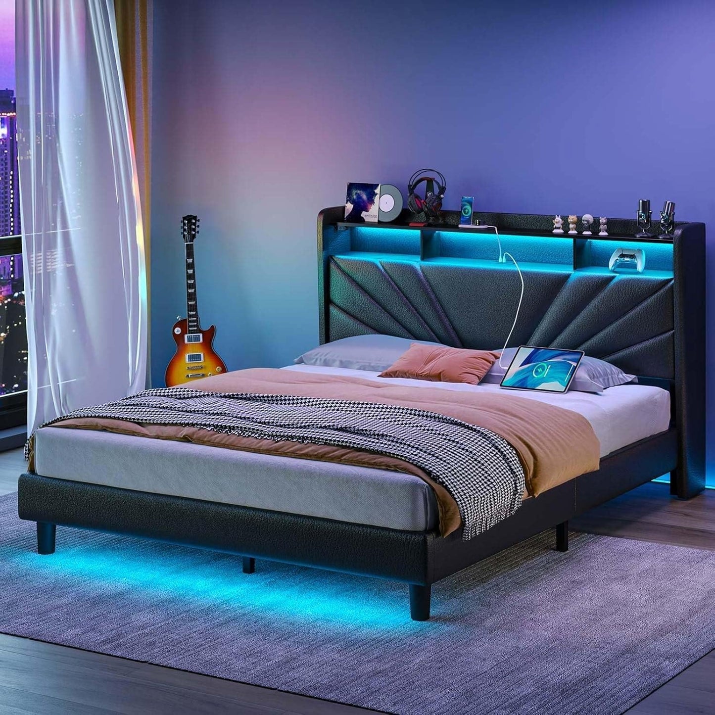 Rolanstar Queen Size Bed Frame with Storage and LED Lights