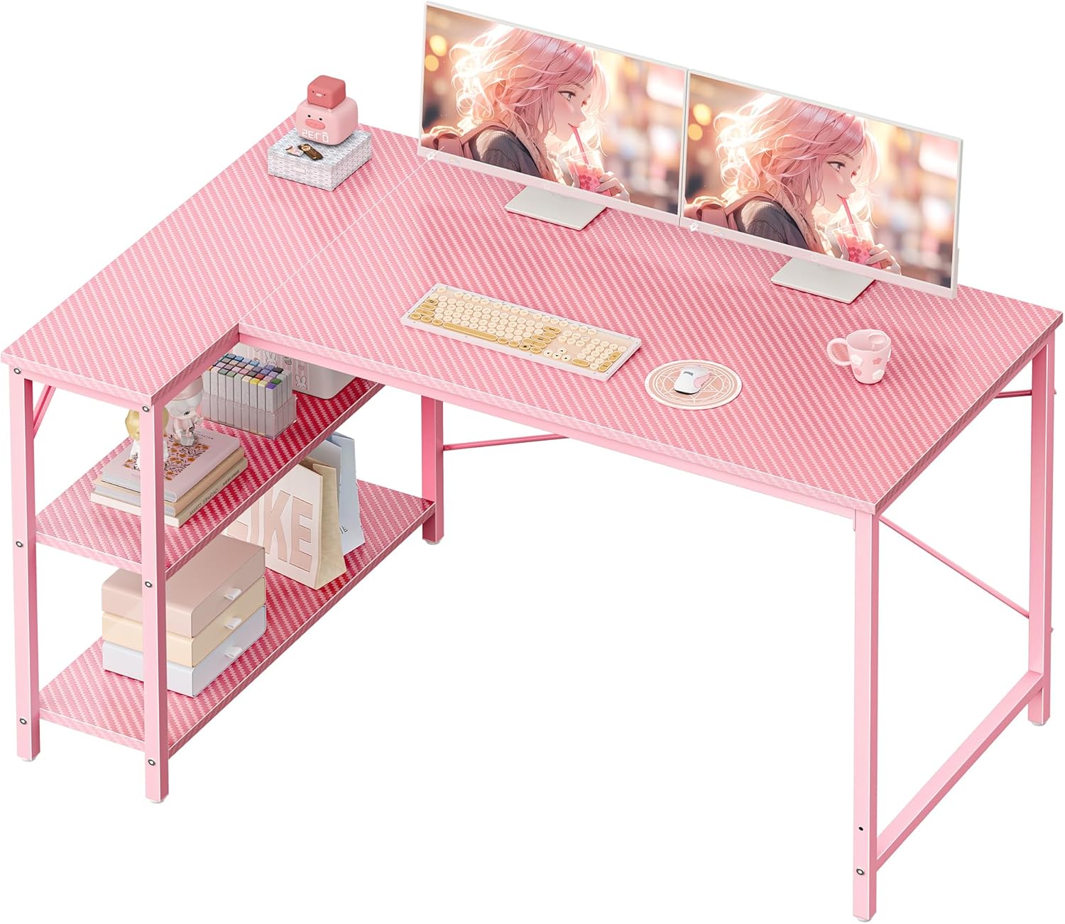 L Shaped Computer Desk with Reversible Shelves for Home Office