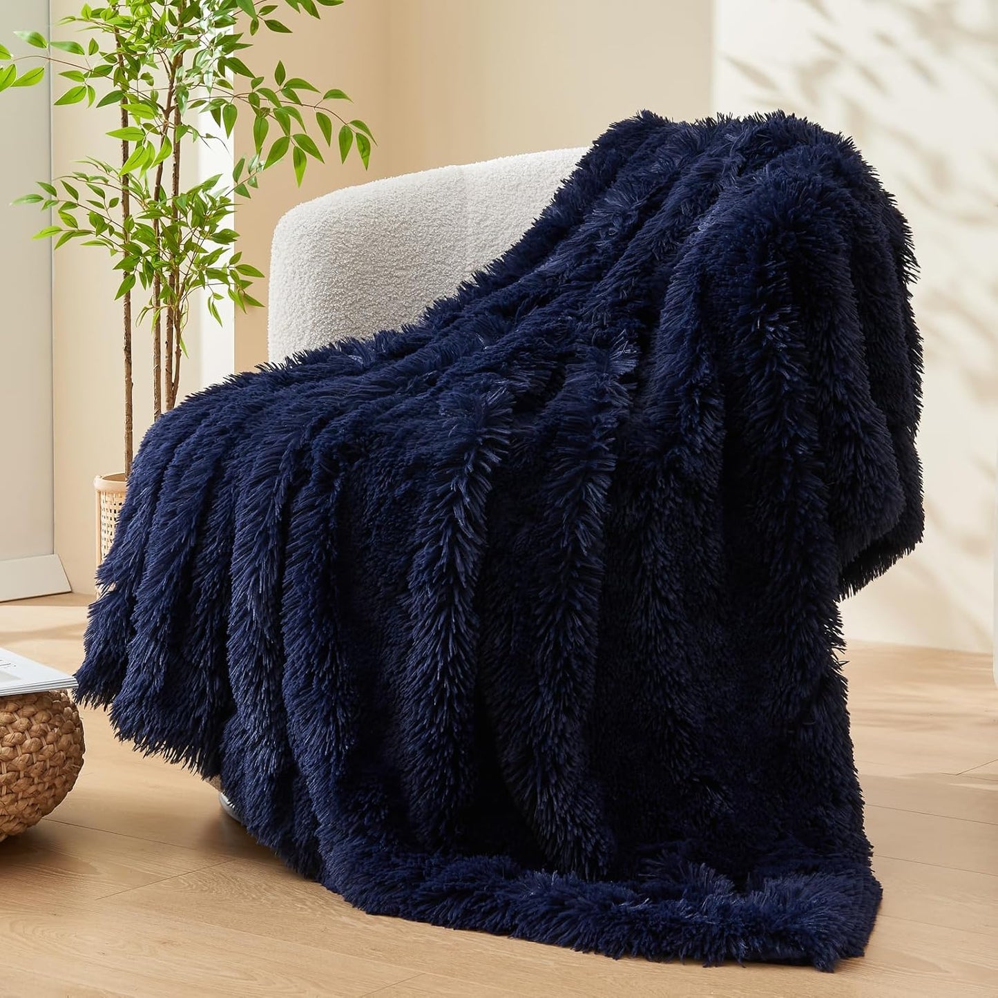 Fuzzy Faux Fur Throw Blanket Twin Size Dark Navy Cozy Plush