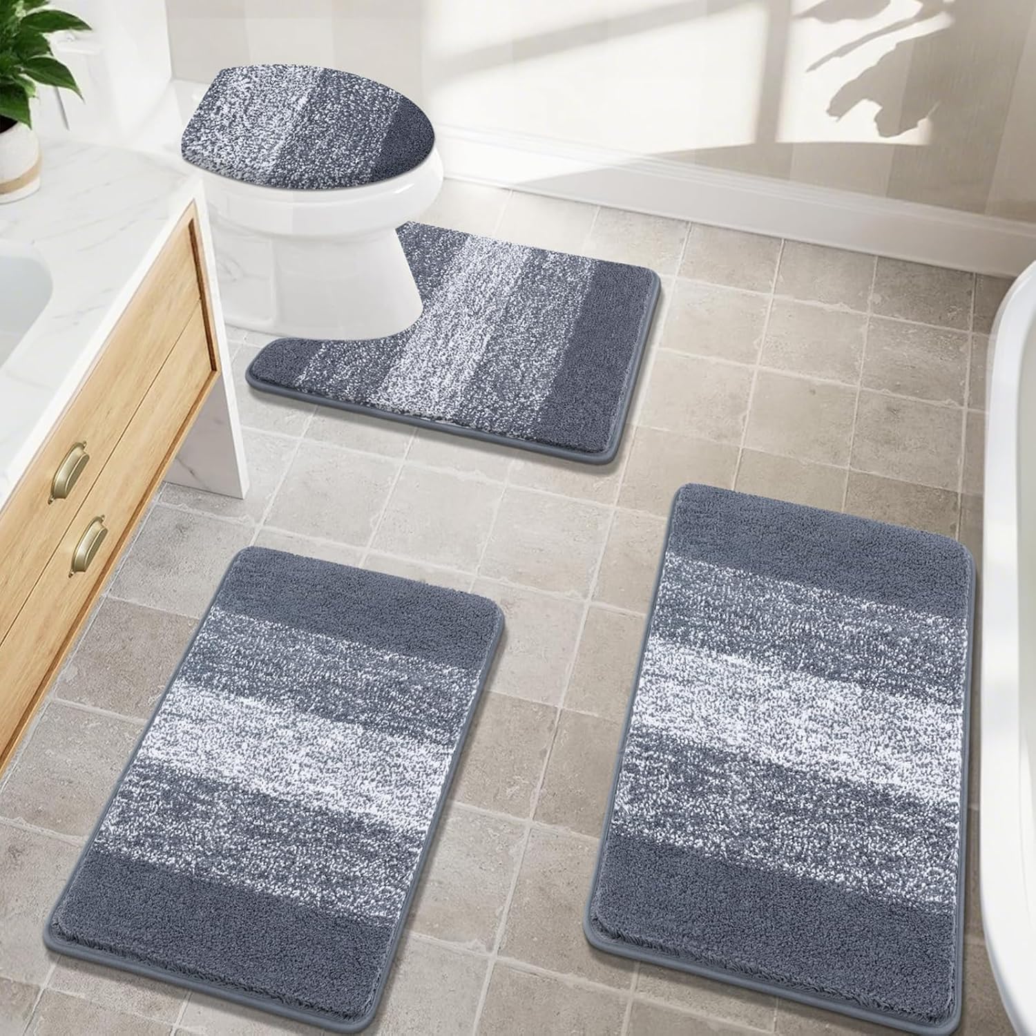 Plush Shaggy Microfiber Non Slip Bathroom Rugs Set 4 Piece
