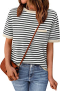 Womens Striped Short Sleeve Sweater Pullover with Chest Pocket - Soft