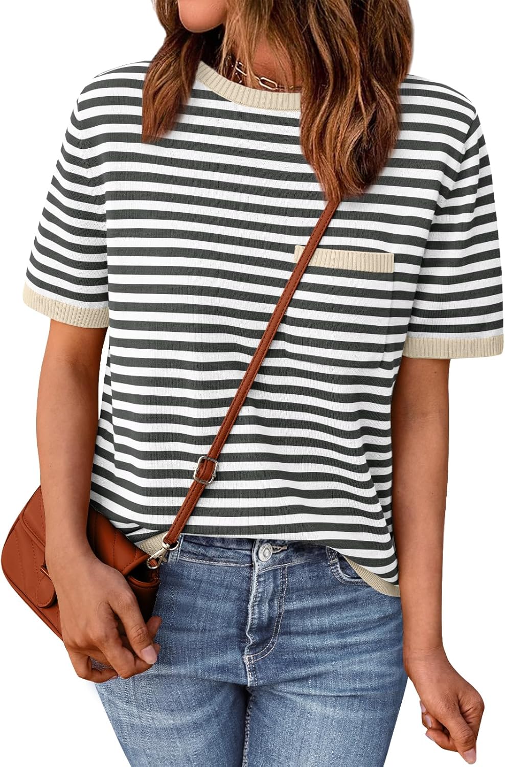 LILLUSORY Womens Striped Short Sleeve Sweater with Pocket