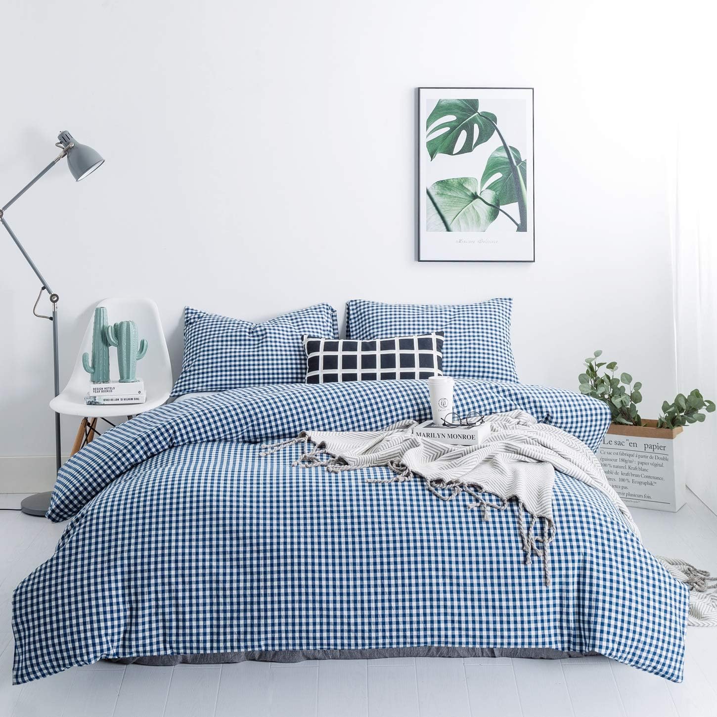 Royal Blue Gingham Duvet Cover Set for Queen Size Bedding