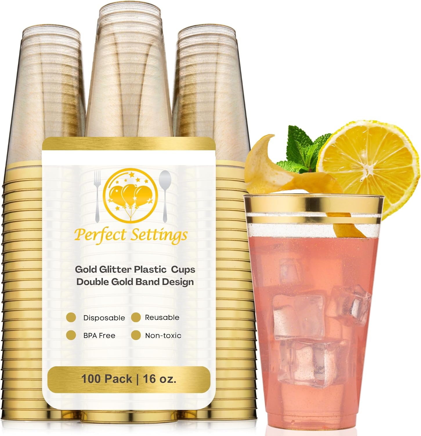 Elegant 16oz Hard Plastic Cups with Glitter Gold Rim for Parties
