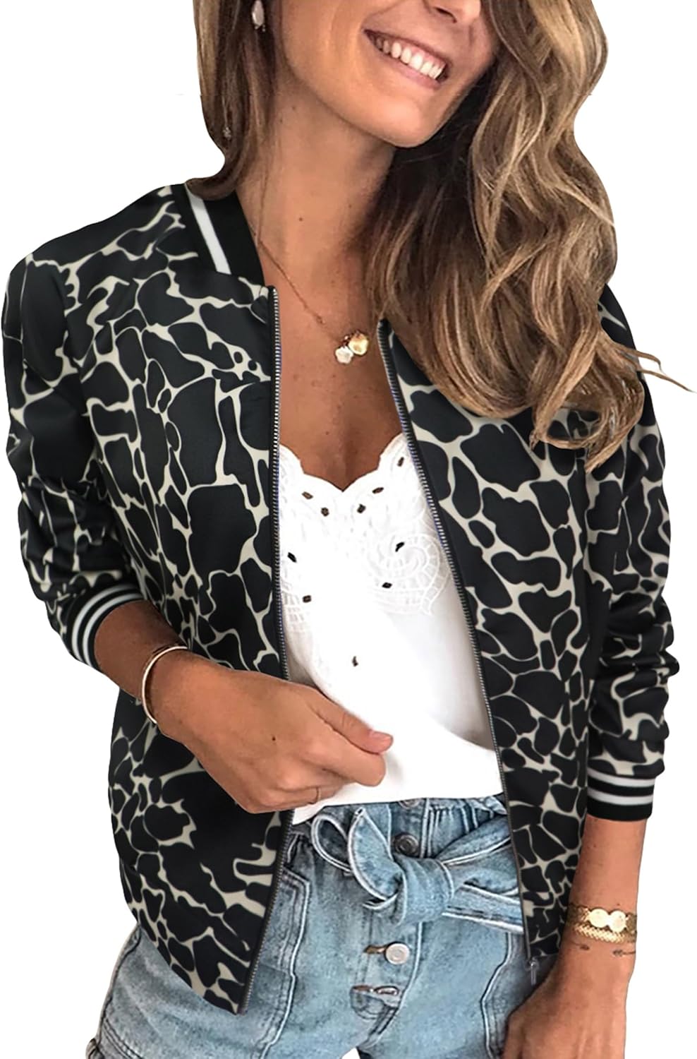 Stylish Floral Zip Up Bomber Jacket for Women by ECOWISH