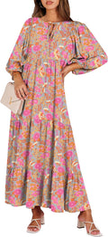 Womens Boho Maxi Dress with Puff Sleeve V Neck - Flowy Summer