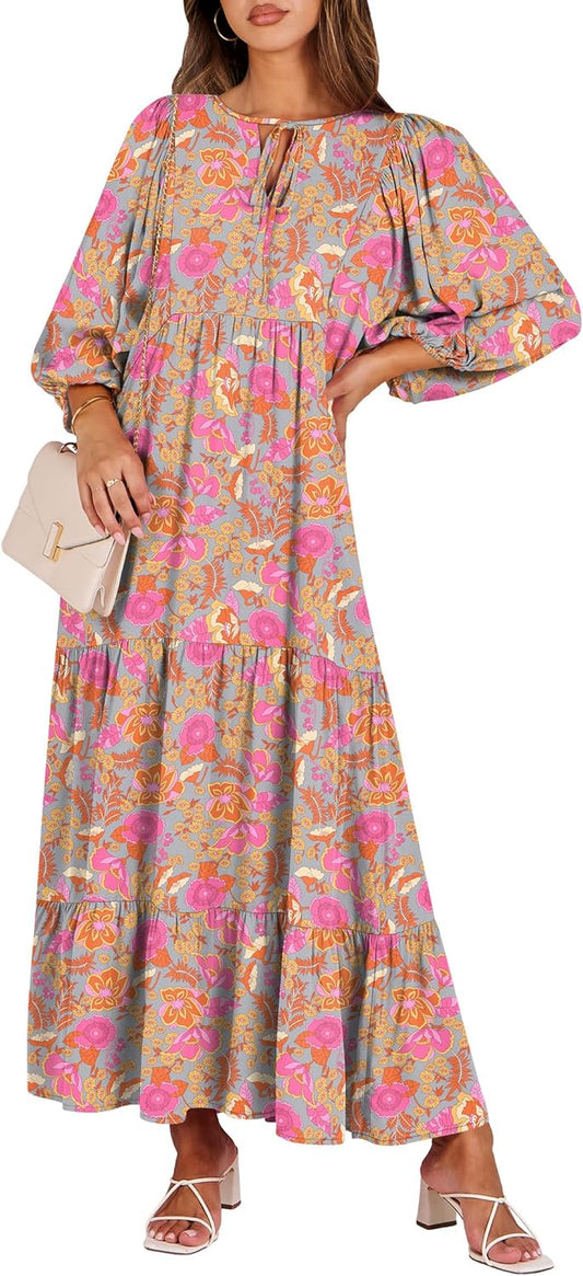 Boho Maxi Dresses for Women - Floral V Neck Puff Sleeve Style